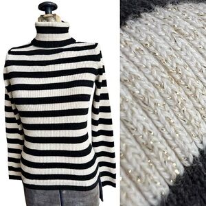 New York & Company Stripe Black Cream Gold Shimmer Rib Knit Turtleneck Sweater